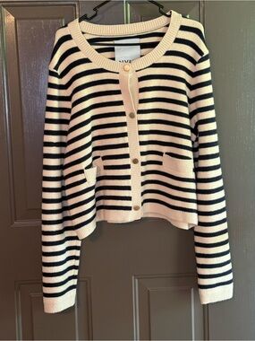 NVLT Navy and Cream Striped Cropped Cardigan
